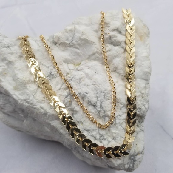 Double Layer Necklace Fish Bone and Chain Goldtone - Picture 1 of 3